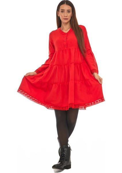 Pazen Kırmızı Düz Desen Kısa Elbise