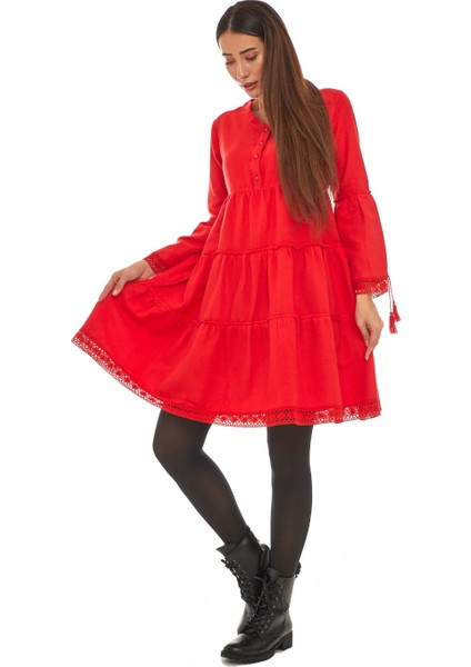 Pazen Kırmızı Düz Desen Kısa Elbise fiyatları