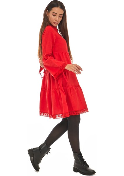 Pazen Kırmızı Düz Desen Kısa Elbise modelleri