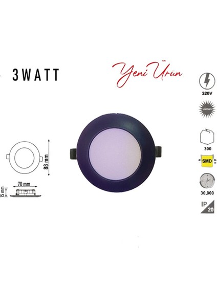 3W Tasarruflu LED Yuvarlak Siyah Kasa Beyaz Işık Sıva Altı Slim Panel Tavan Armatürü-20 Adettir
