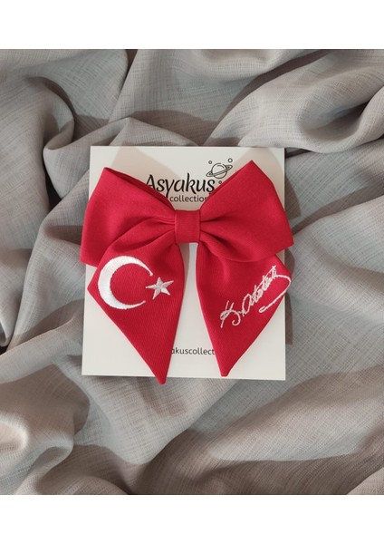 Bayrak ve Atatürk Imzası Nakışlı Fiyonk Otomatik Toka