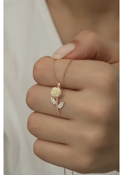 925 Ayar Gümüş Rose Beyaz Gül Kolye