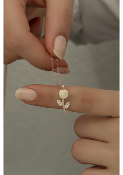 925 Ayar Gümüş Rose Beyaz Gül Kolye modelleri