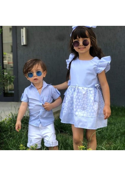 Sade Şık Mavi Kız Çocuk Elbise