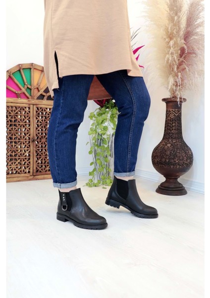 1408 Kauçuk Tabanlı Bayan Düz Tabanlı Bot - NKT01408-SIYAH-37