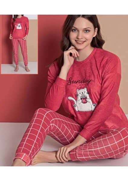 Bayan 10028 Sunday Mood Nakışlı Polar Pijama Takımı