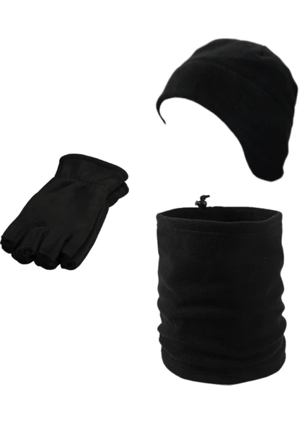 Axe Sportswear Unisex Siyah Kışlık Parmaksız Polar Eldiven & Kulaklıklı Polar Bere & Ipli Polar Boyunluk 3lü Set