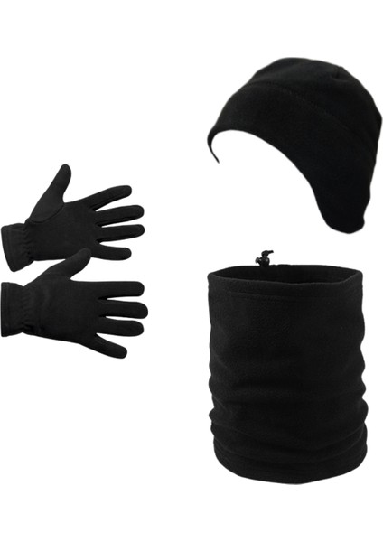 Erkek Siyah Kışlık Termal Polar Eldiven & Kulaklıklı Polar Bere & Ipli Polar Boyunluk 3lü Set