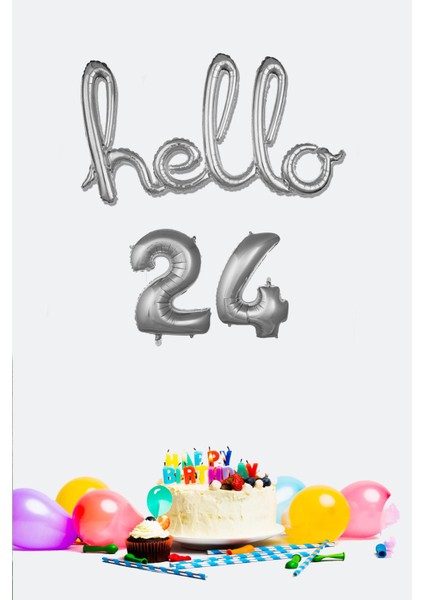 24 Yaş Doğum Günü Balonları - Hello 24 El Yazısı Gümüş Renk Folyo Balon