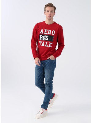 Aeropostale Bisiklet Yaka Baskili Koyu Kirmizi Erkek Sweatshirt E-White