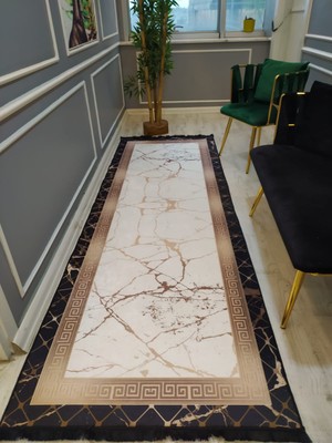 Doruklar Home Collection Versace Çerçeveli Gold Granit Desenli Kaymaz Taban Yıkanabilir Leke Tutmaz Dokuma Taban Halı