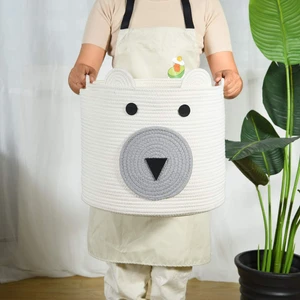 Sevimli Ayı Tasarımlı Pamuk Jüt Saklama Sepeti, Kulplu Oyuncak Saklama Kutusu, Dokuma Çamaşır Sepeti