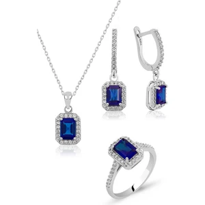 Modern Takı Baget Taşlı Üçlü Gümüş Set Takım Safir Zirkon
