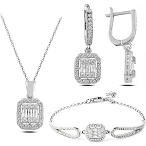 Modern Takı Baget Taşlı Kolye Küpe ve Bileklik Set