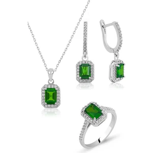 Modern Takı Baget Taşlı Üçlü Gümüş Set Takım Zümrüt Zirkon