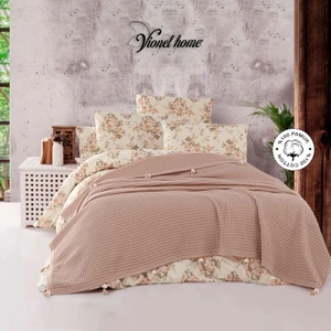 Vionel Home Pamuklu Çift Kişilik Yatak Örtüsü Pike, Waffle Desen, Ponponlu Kahverengi Pike