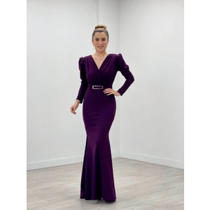 giyimmasalı Krep Kumaş Kruvaze Yaka Balık Elbise - Patlıcan Mor