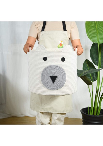 Sevimli Ayı Tasarımlı Pamuk Jüt Saklama Sepeti, Kulplu Oyuncak Saklama Kutusu, Dokuma Çamaşır Sepeti