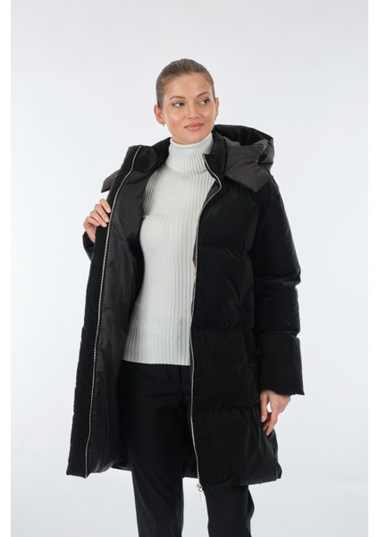 Kadife Kapüşonlu Midi Kadın Kışlık Mont - Oversized indirimleri