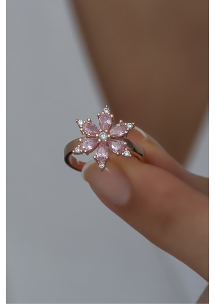 925 Ayar Gümüş Ayarlanabilir Pembe Taşlı Çiçek Yüzük