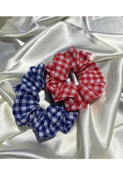 Pötikare Desenli Iki Farklı Renk Scrunchie - Ekose Lastik Toka