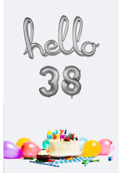 38 Yaş Doğum Günü Balonları - Hello 38 El Yazısı Gümüş Renk Folyo Balon