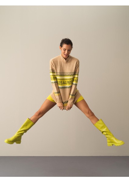 Kadın Bej Regular Fit Desenli Kazak