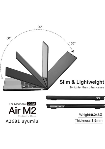 MacBook Air M2 13.6” 2022 A2681 Kapak Kılıf Parlak Siyah Transparan Kapak 13.6" Uyumlu 360° Koruma