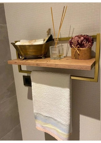 Defne Banyo Ahşap Raflı Metal Havlu, Şal Askılık