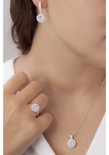 Pırlanta Montür Gümüş Tek Taş Modern Takı Seti