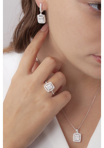 Baget Taşlı Üçlü Gümüş Modern Set Takım fiyatları