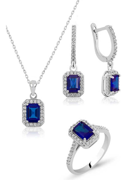 Baget Taşlı Üçlü Gümüş Set Takım Safir Zirkon