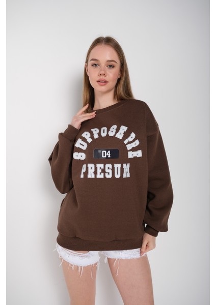 Kadın Suppose Baskılı Bisiklet Yaka Oversize Sweatshirt