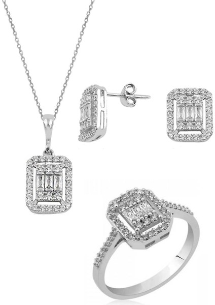 Baget Taşlı Üçlü Gümüş Modern Set Takım