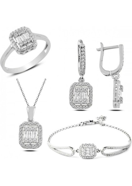 Modern Baget Taşlı Set ve Bileklik Dörtlü Gümüş
