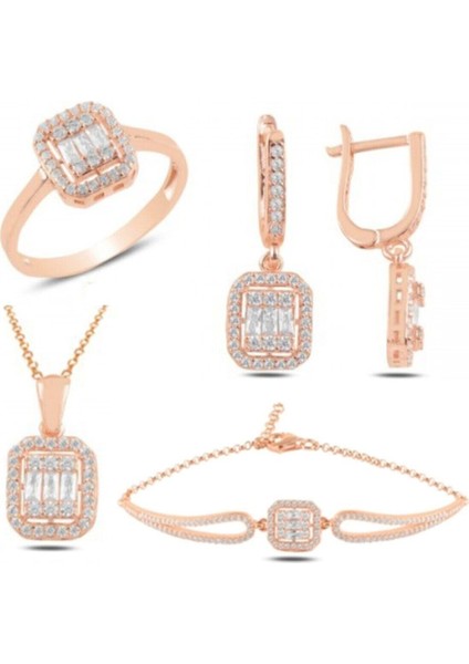 Modern Baget Taşlı Set ve Bileklik Dörtlü Gümüş