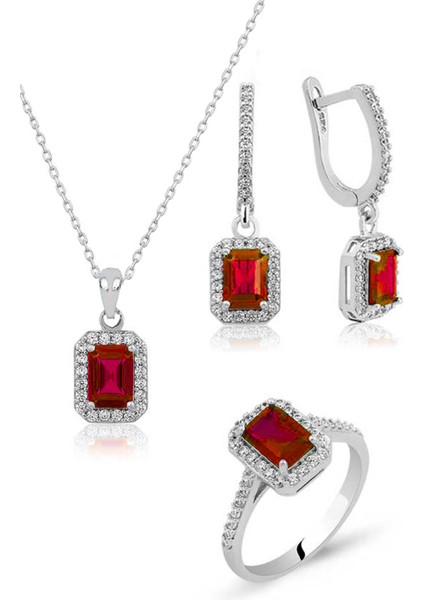 Baget Taşlı Üçlü Gümüş Set Takım Kırmızı