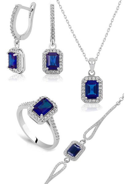 Modern Baget Taşlı 4'lü Gümüş Takı Seti