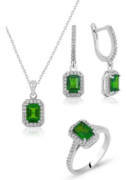 Baget Taşlı Üçlü Gümüş Set Takım Zümrüt Zirkon