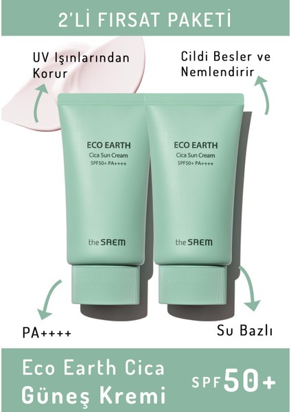 2'li Cica Özlü Sakinleştirici Etkili Güneş Kremi 50GR - Cica Sun Cream Spf 50+ ve Pa++++