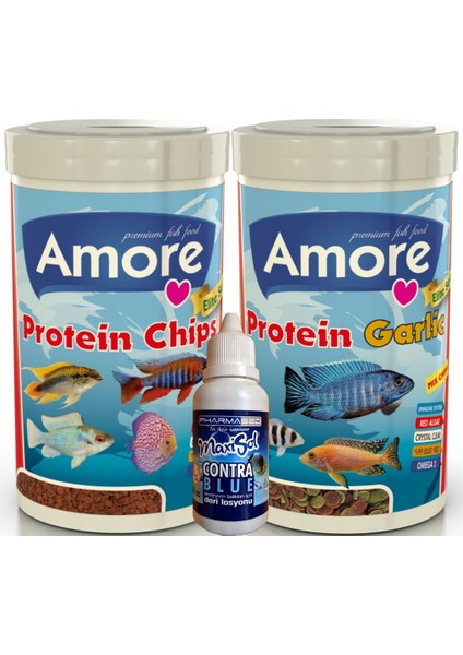 Elite 50-Protein Red Algae Chips ve 48-Protein Garlic 250ML Malawi Balık Yemi ve Contrablue