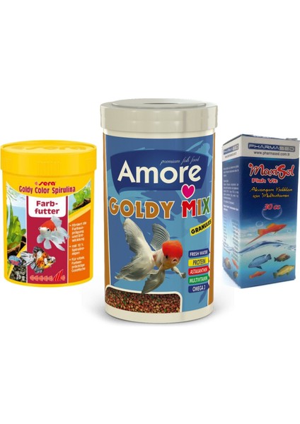 Goldy Mix Granules 250ML ve Sera Goldy Color Spirulina 100ML Kutu Japon Balığı Yemi ve Vitamin