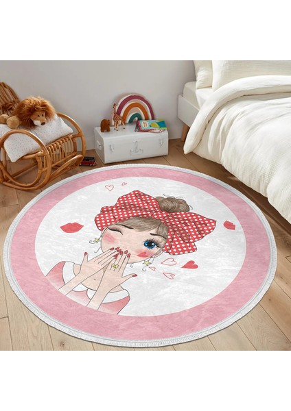 Fashion Girl Çocuk & Genç Odası Makinede Yıkanabilir Kaymaz Tabanlı Püsküllü Yuvarlak Çocuk Halısı