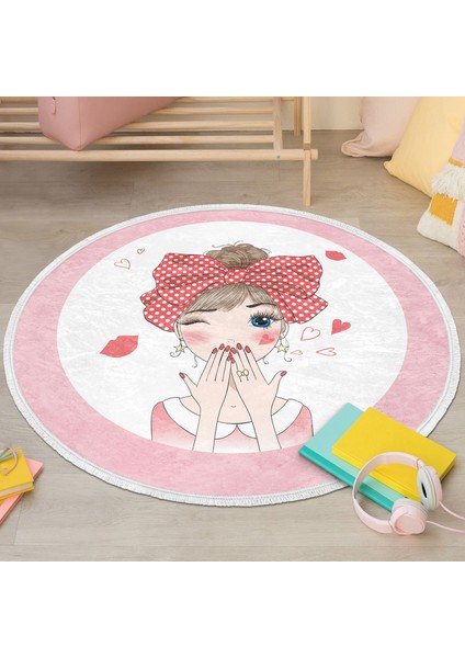 Fashion Girl Çocuk & Genç Odası Makinede Yıkanabilir Kaymaz Tabanlı Püsküllü Yuvarlak Çocuk Halısı