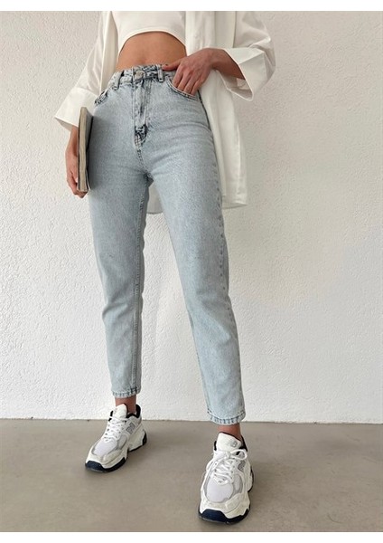 90's Buz Mavi Fit Mom Jean Likralı Kot Pantolon