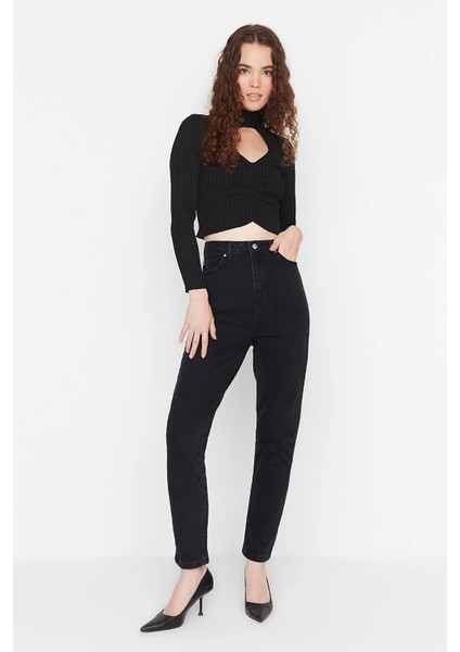 90's Siyah Fit Mom Jean Likralı Kot Pantolon