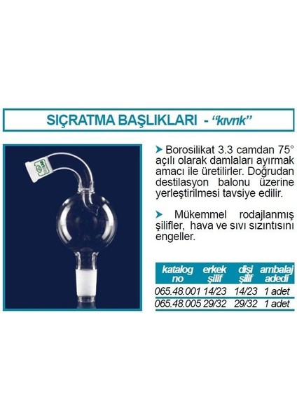 065.48.001 Adaptör - Sıçratma Tutucu - Eğimli - Dişi: Ns 14/23 - Erkek: Ns 14/23 (1 Adet)