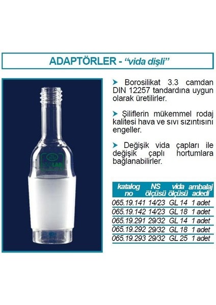 065.19.142 Adaptör - Vida Dişli - Musluksuz -Düz-Cam -Erkek Şilif: Ns 14/23 - Gl 18 (1 Adet)