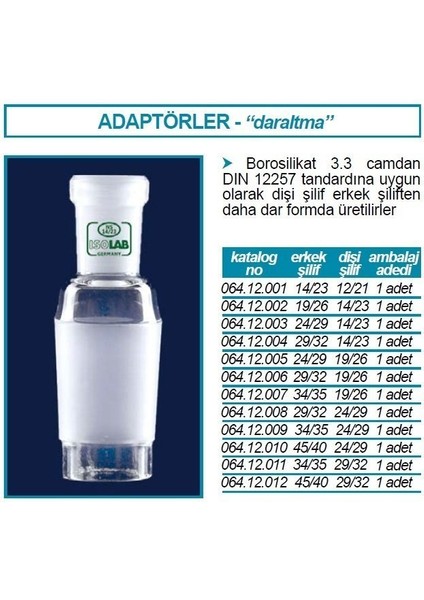 064.12.010 Adaptör - Daraltma Amaçlı - Dişi Şilif : NS24/29 - Erkek Şilif : NS45/40 (1 Adet)