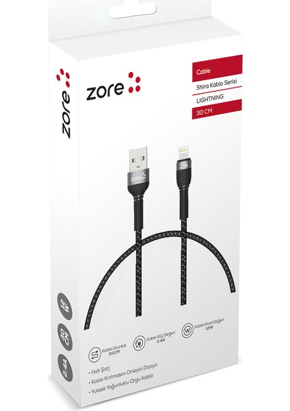 Case 4U Zore Shira Serisi Lightning Şarj ve Data Usb Kablosu 30 cm Siyah